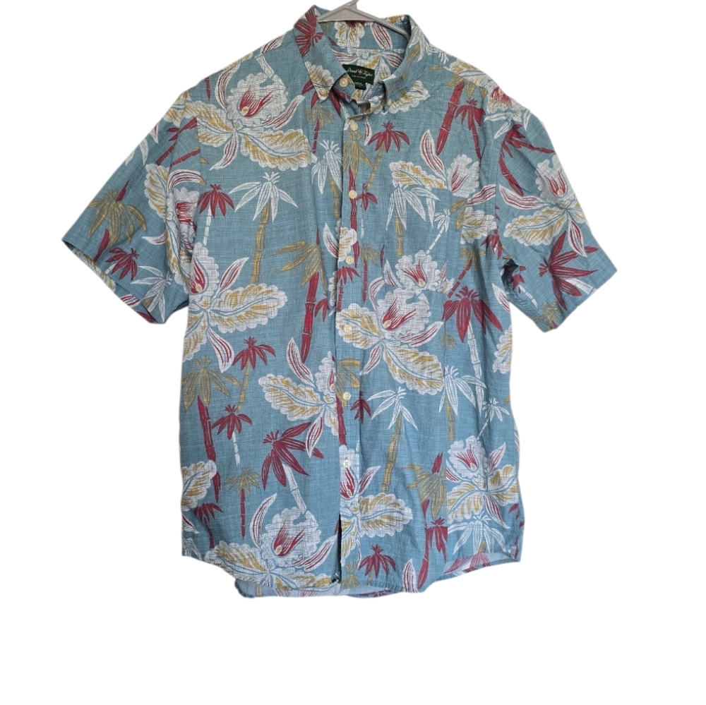 David Taylor Hawaiian Button Up All Over Print Cotton Floral, Red, Aqua